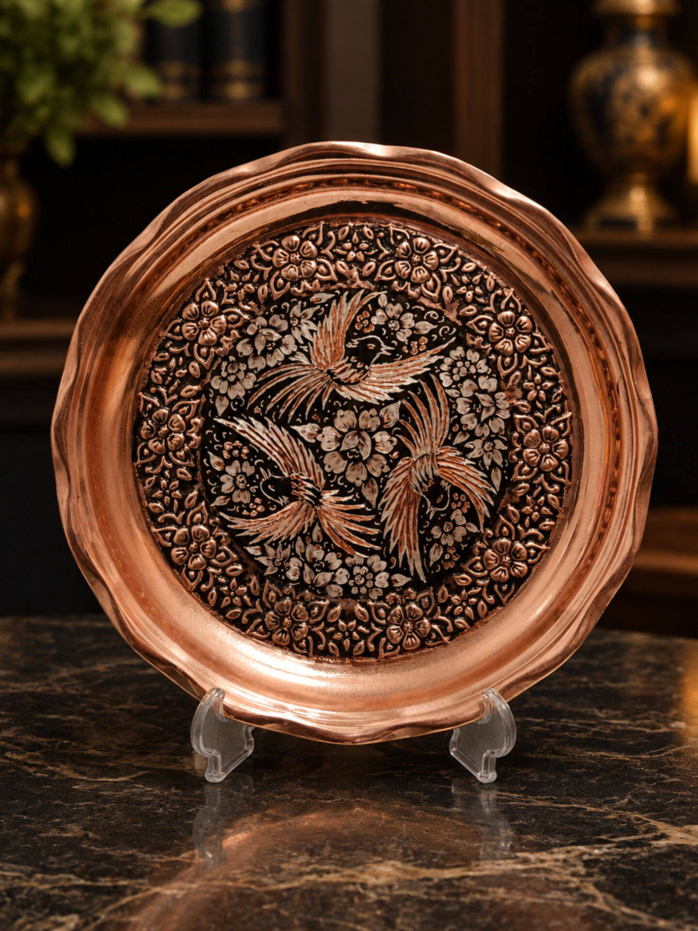 سینی مسی الماس تراش گل و مرغ قطر ۲۹